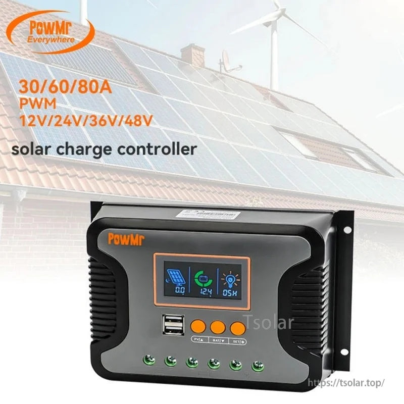 PowMr Pstar-80A PWM solar charge controller with LCD screen, dual USB ports and button controls
