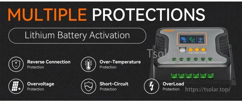 Protection features graphic for PowMr Pstar controller, including reverse polarity, over-temp and short-circuit safeguards