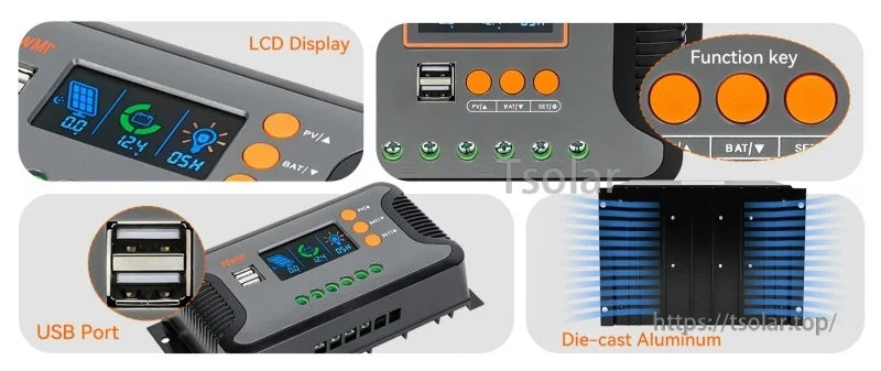 Close-ups of LCD display, function keys, USB port and die-cast aluminum housing on PowMr controller