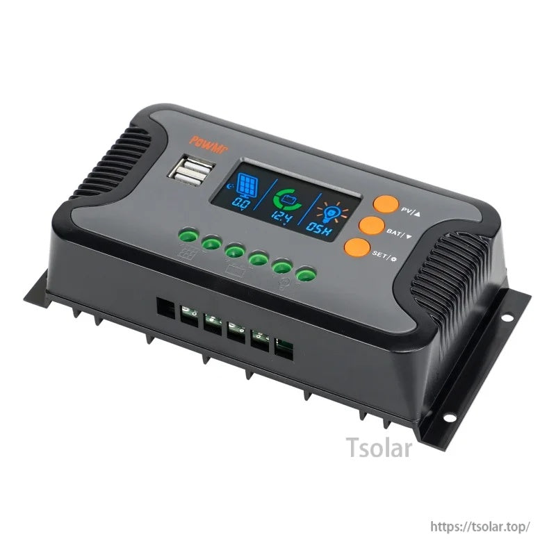 Angled view of PowMr Pstar-80A controller showing LCD status display, dual USB ports and side vents