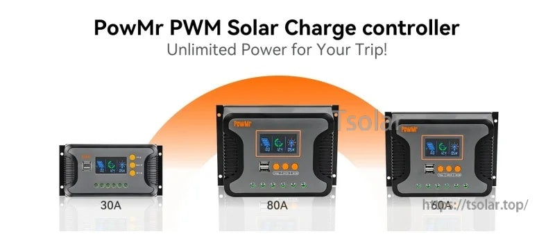 PowMr Pstar series size comparison showing 30A, 60A and 80A PWM solar charge controller models