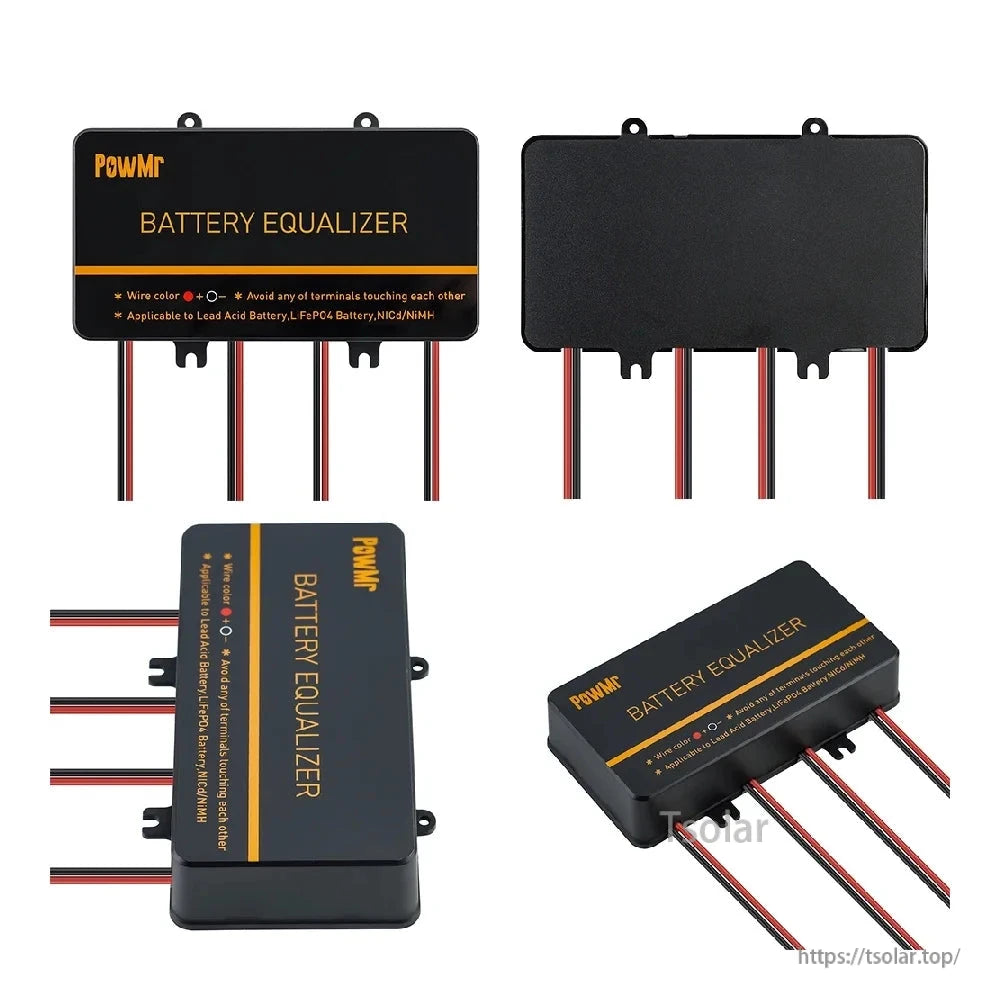 Battery equalizer four-angle collage showing front and back panels plus side views with leads