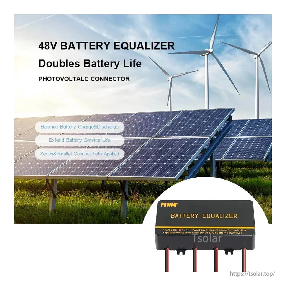 48V battery equalizer application graphic with solar panel and wind turbine background