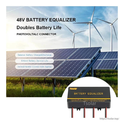 48V battery equalizer application graphic with solar panel and wind turbine background