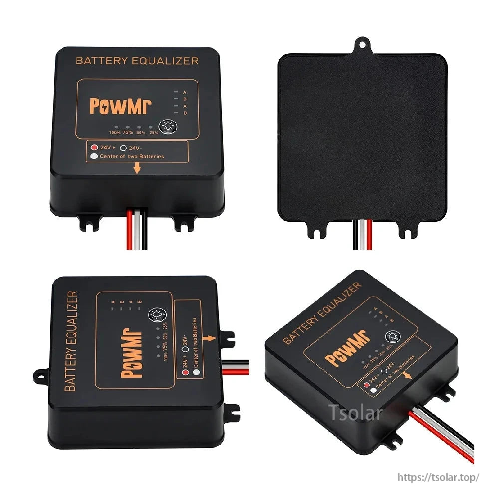 PowMr Battery Balancer multi-angle views showing front panel, rear cover, and angled housing