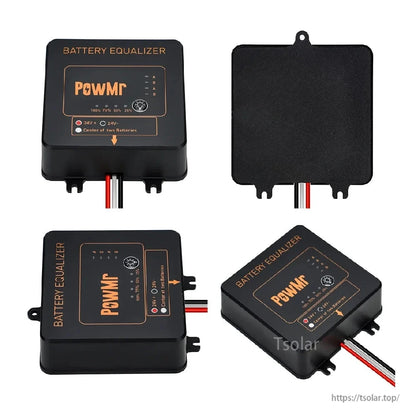 PowMr Battery Balancer multi-angle views showing front panel, rear cover, and angled housing