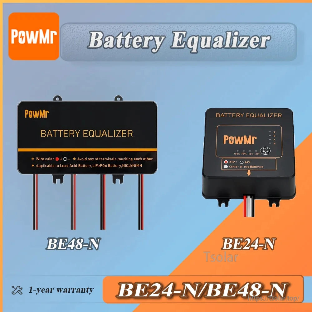 Battery equalizer comparison graphic showing BE24-N and BE48-N versions with front views