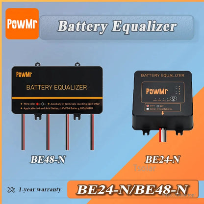 Battery equalizer comparison graphic showing BE24-N and BE48-N versions with front views