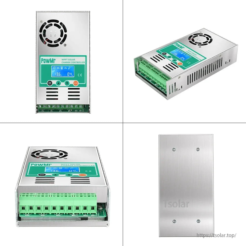 PowMr MPPT controller multi-angle set: front, angled side, terminal block close-up, and rear panel views
