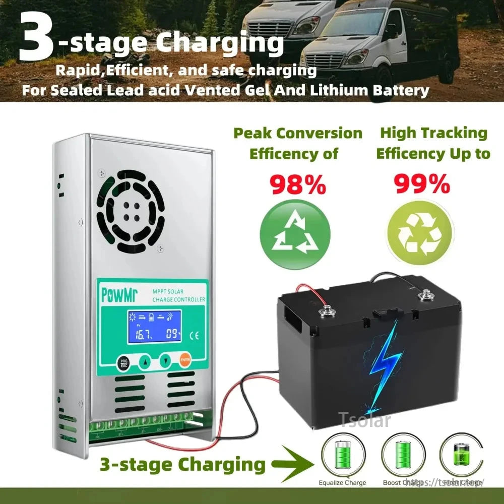 3-stage charging infographic showing controller connected to battery with equalize, boost, and float stages