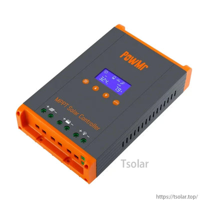 Angled perspective of PowMr MPPT solar charge controller showing vented side and terminal layout