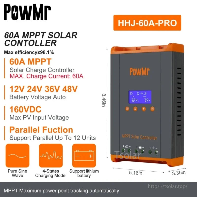 HHJ-60A-PRO dimension and specs graphic showing 60A charge current, 160VDC PV input, size diagram