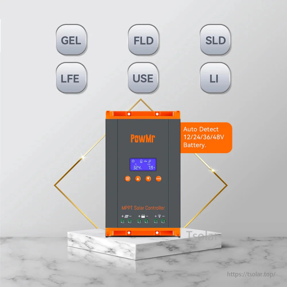 PowMr HHJ60 Solar Charge Controller auto-detects 12/24/36/48V batteries for efficient energy management.