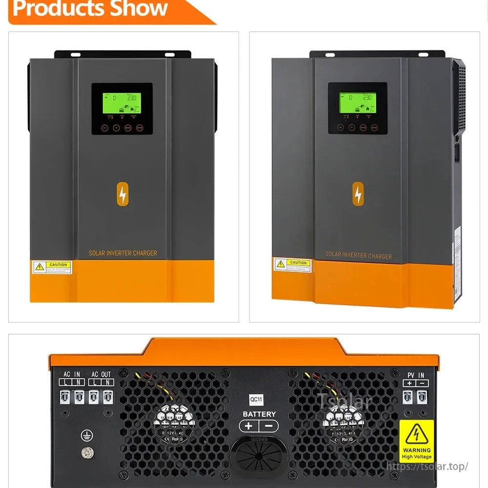 Solar inverter charger product collage showing front, angled side view, and bottom ports for AC, PV and battery
