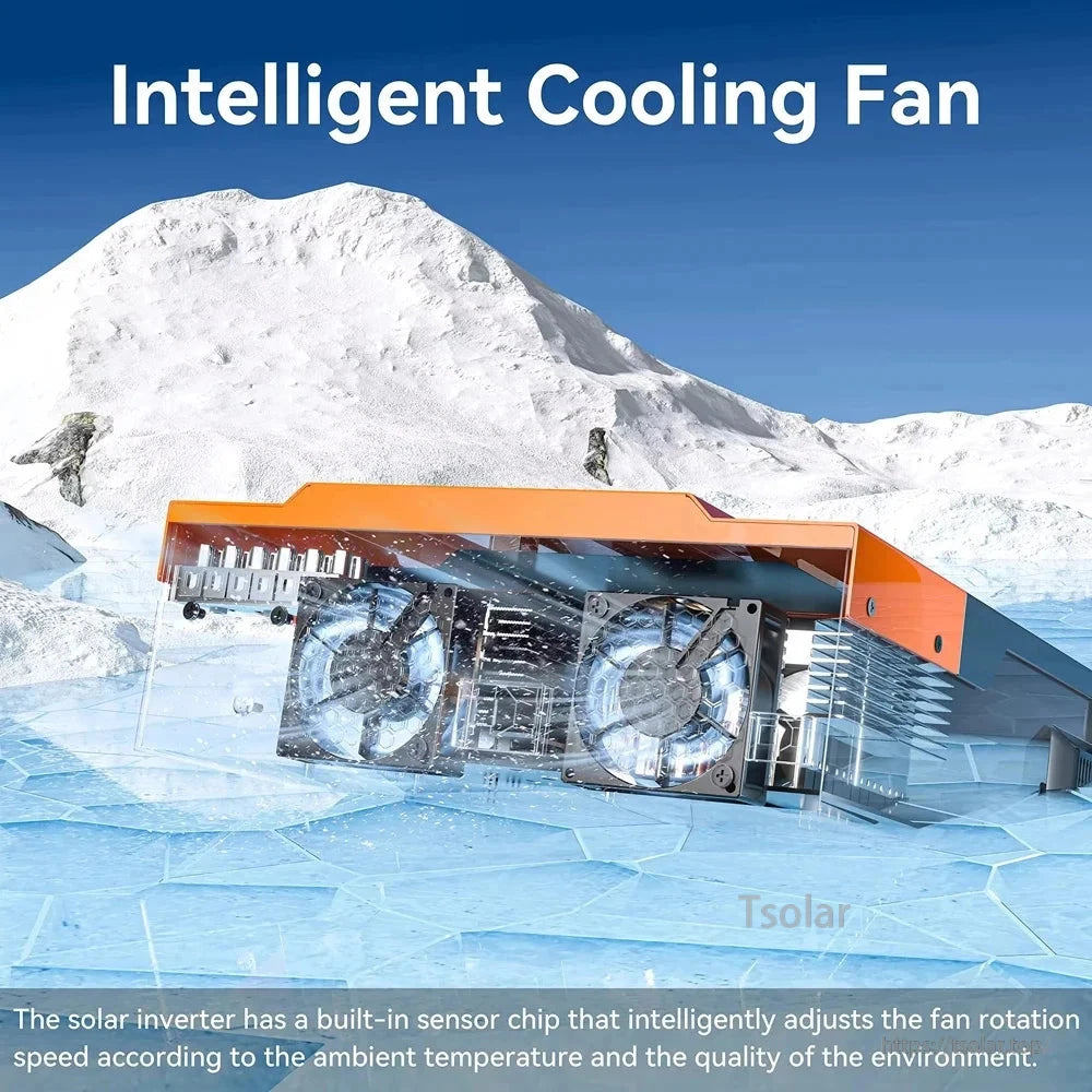 Intelligent cooling fan diagram showing internal dual fans and airflow for the inverter charger