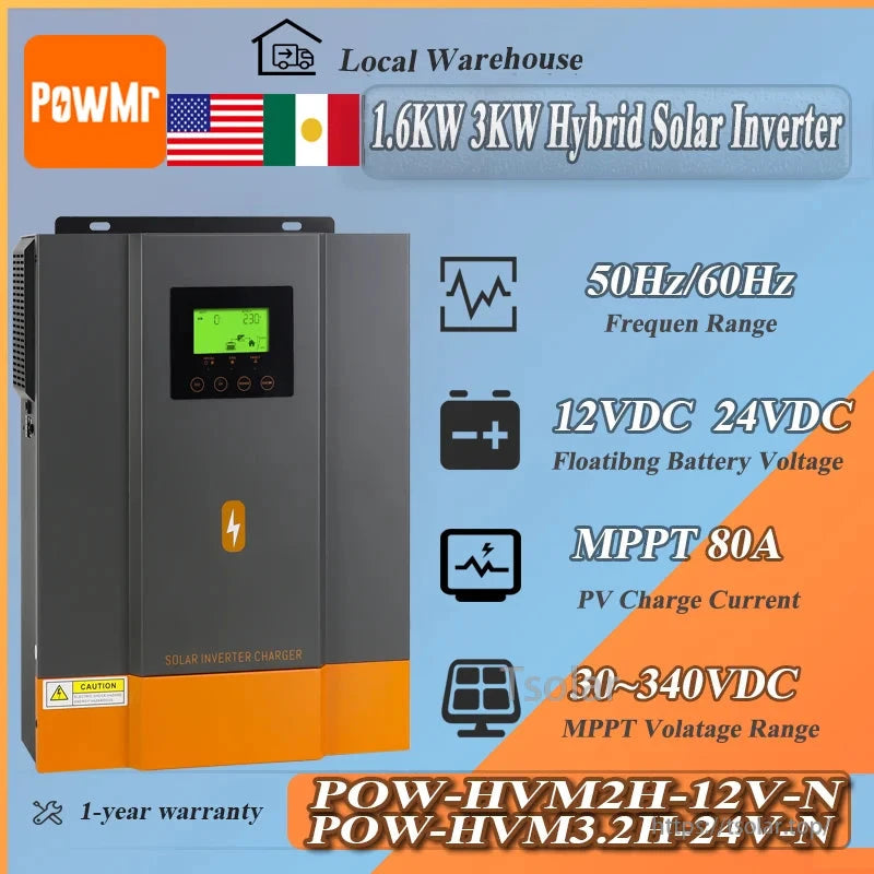 PowMr Hybrid Solar Inverter infographic showing 1.6kW/3kW options, MPPT 80A and 30–340VDC range