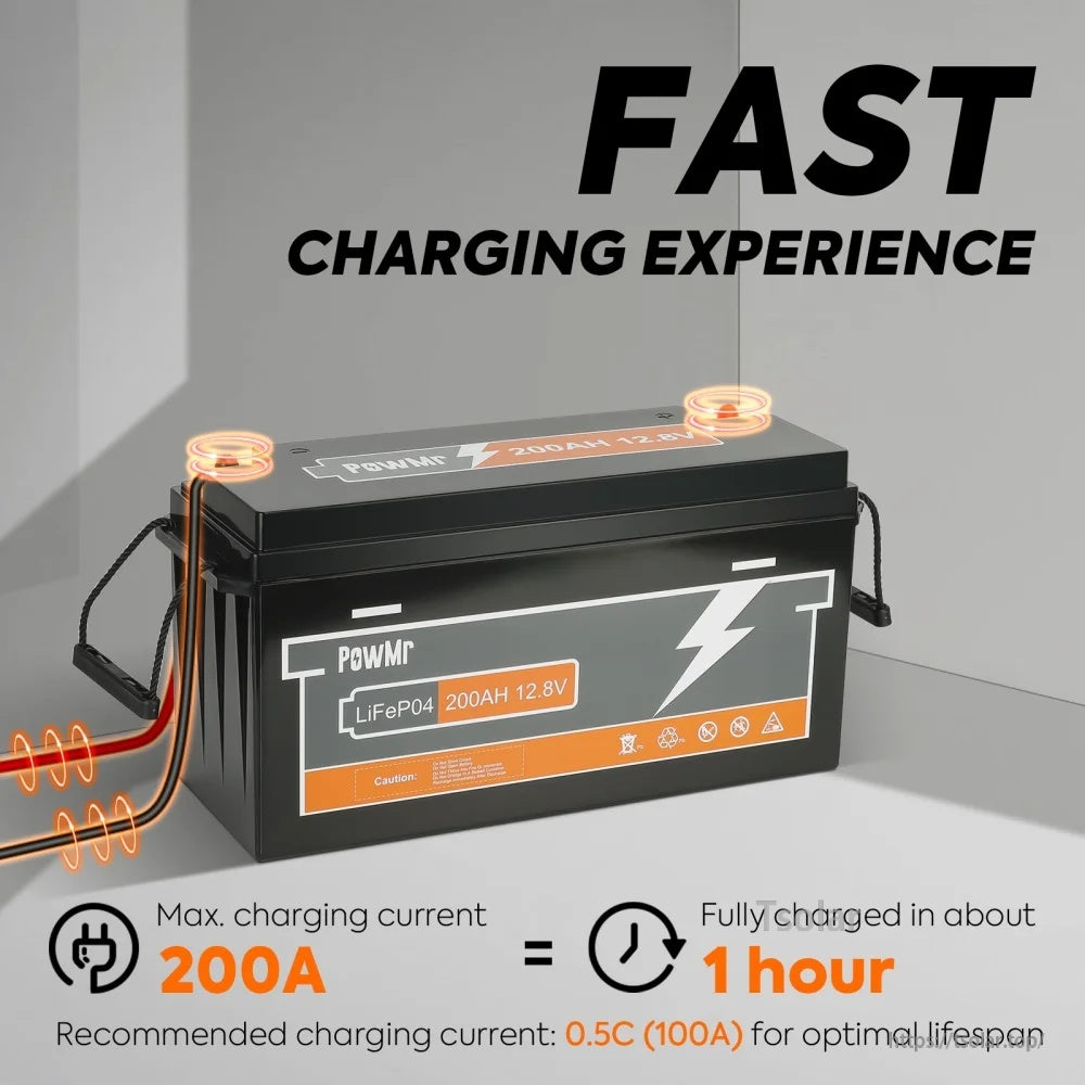 PowMr LiFePO4 12V 200Ah battery fast-charging graphic with 200A max charge current and about 1-hour full charge claim