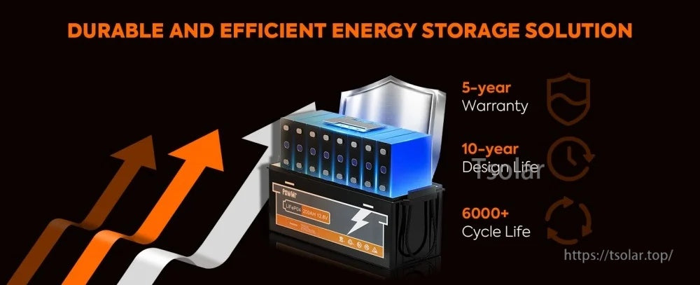 Cycle life and warranty graphic noting 6000+ cycles, 10-year design life, and 5-year warranty for LiFePO4 battery