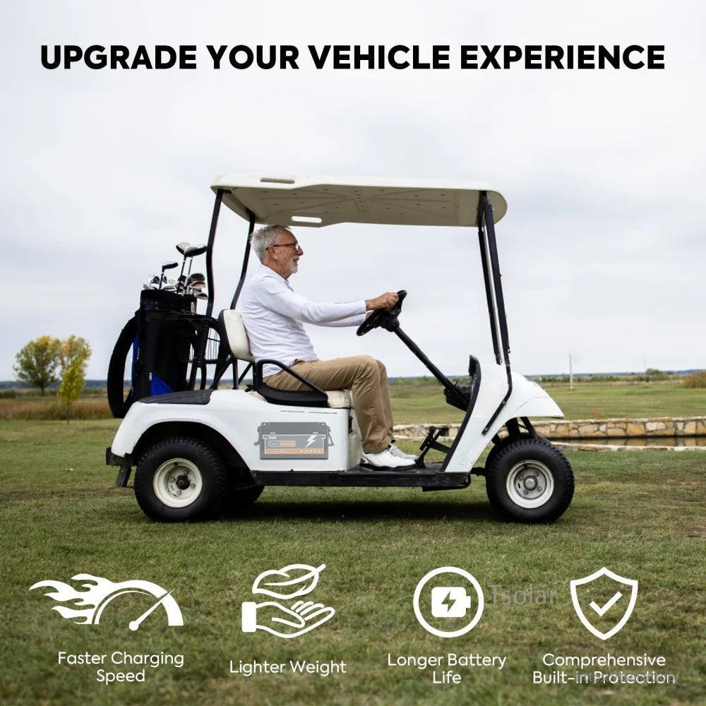 Golf cart application graphic promoting vehicle upgrade benefits like faster charging, lighter weight, longer life, and built-in protection