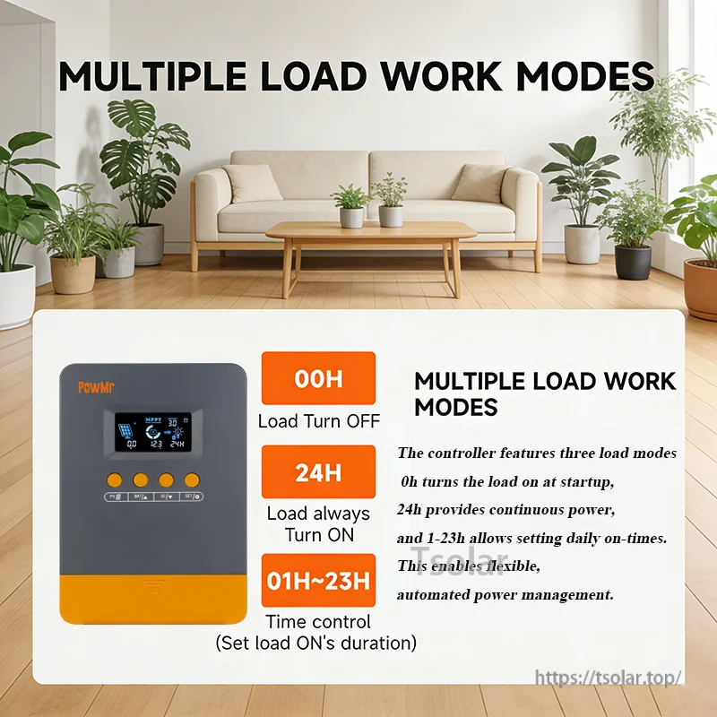 Load work modes for PowMr MPPT controller: 00H off, 24H always on, and 01H–23H timer control