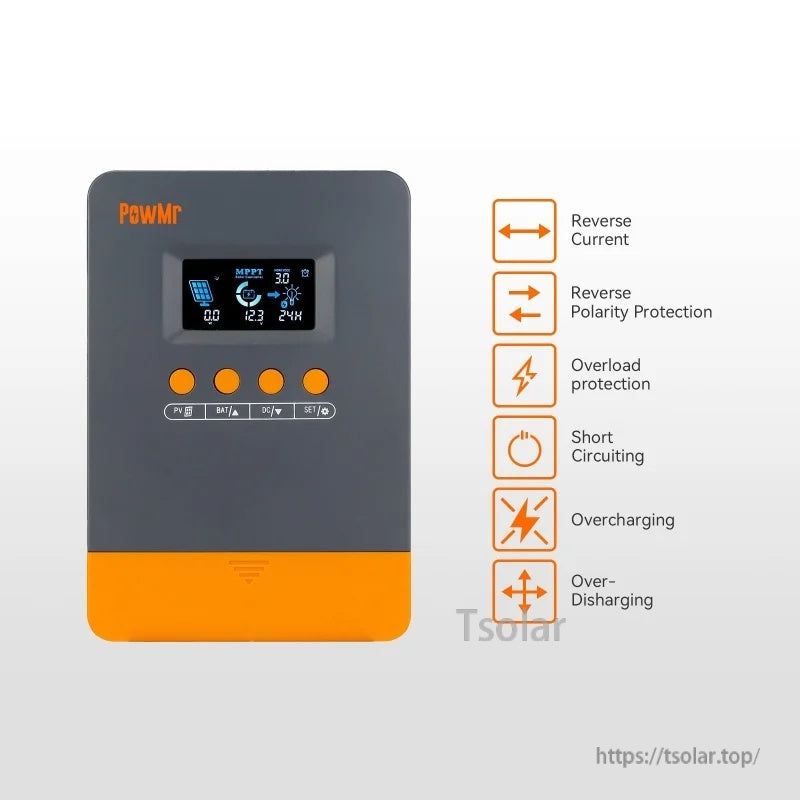 PowMr MPPT controller protection icons: reverse current, reverse polarity, overload, short circuit, overcharge, over-discharge