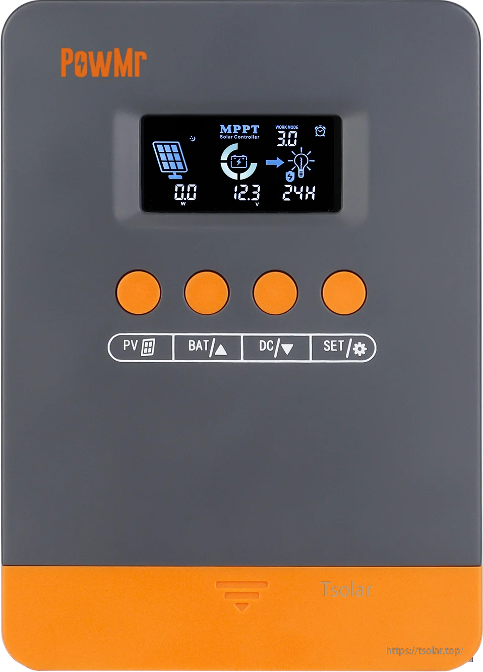 Front view of PowMr MPPT solar charge controller with backlit LCD and PV/BAT/DC/SET buttons