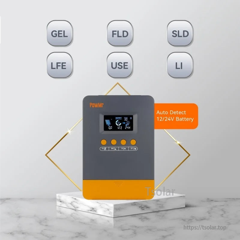 PowMr MPPT controller with auto-detect 12/24V battery and selectable battery types (GEL, FLD, SLD, LI, USE)
