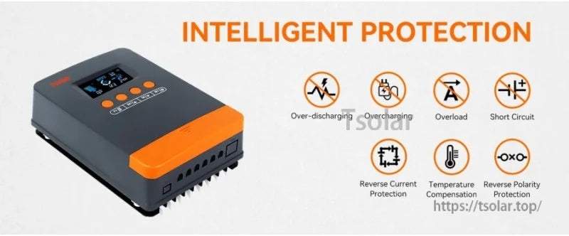 Angled view of PowMr MPPT controller with intelligent protection icons including temperature, overload and short circuit