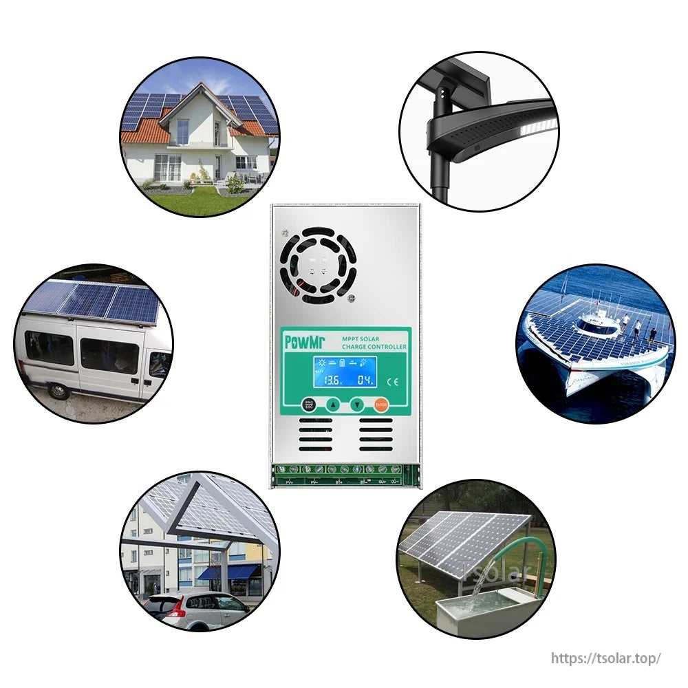 PowMr MPPT solar charge controller with lifestyle applications for home, RV, marine and off-grid solar systems