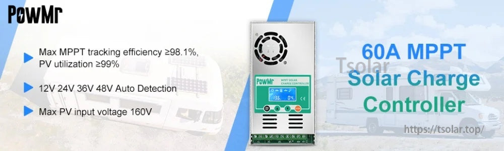 PowMr HHJ-60A 60A MPPT solar charge controller with LCD, 12/24/36/48V auto and 160V PV input