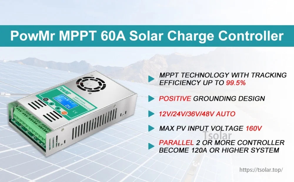 PowMr HHJ-60A MPPT 60A solar charge controller feature graphic: positive ground, 12/24/36/48V auto, 160V PV