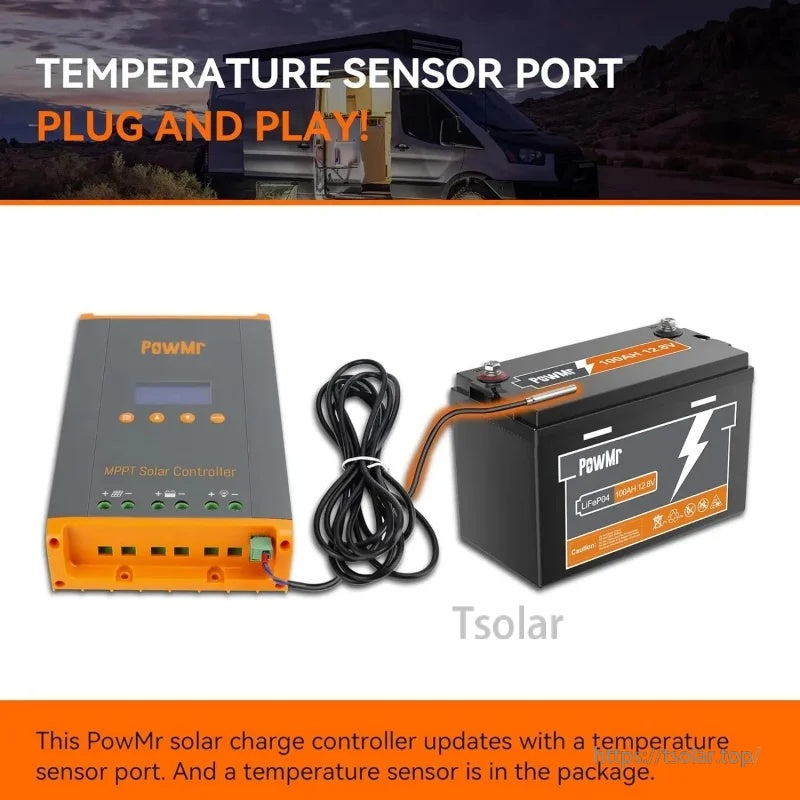 Solar charge controller temperature sensor port connection with included probe and battery lead example