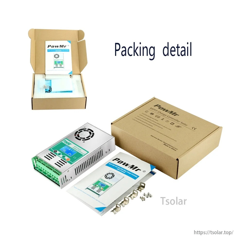 PowMr HHJ-60A packaging contents with controller, user manual, terminal lugs and mounting screws