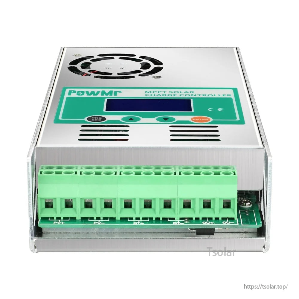 Close-up of PowMr HHJ-60A MPPT controller front panel and green screw terminals for PV, battery and load connections
