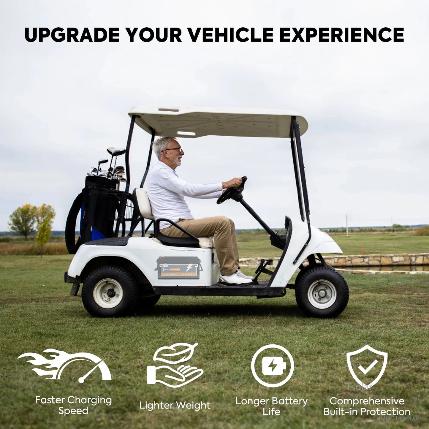 Golf cart use-case graphic for vehicle power upgrade with battery icons and benefits