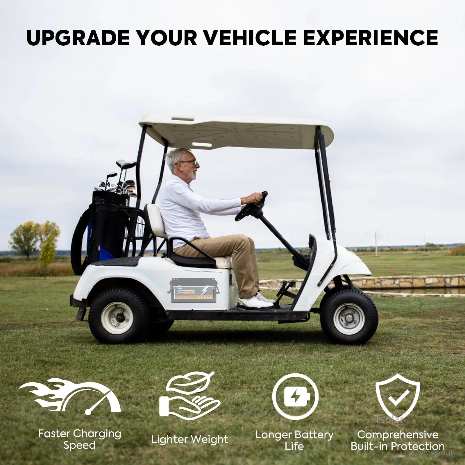 Golf cart use-case graphic for vehicle power upgrade with battery icons and benefits