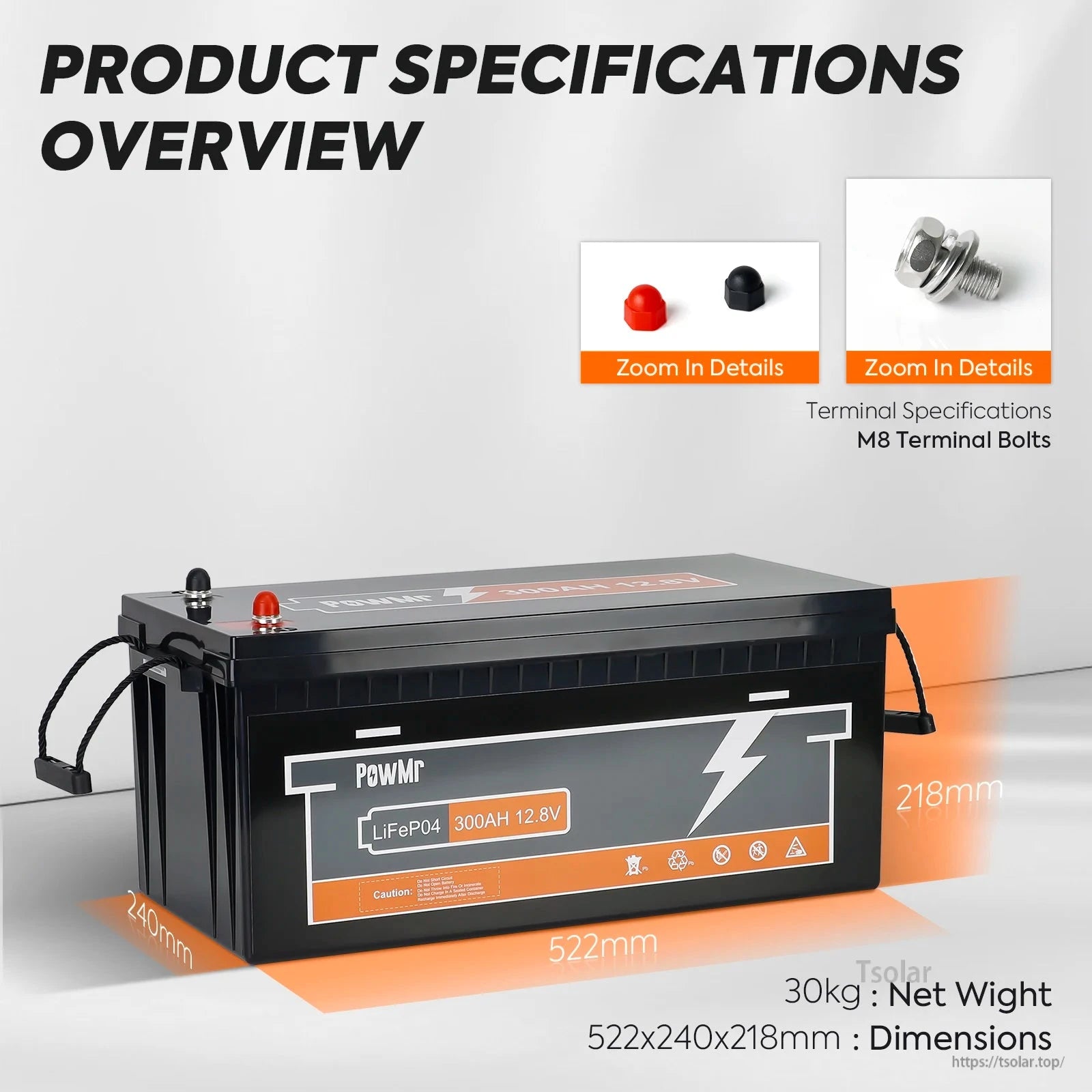Product specifications graphic with PowMr LiFePO4 battery dimensions 522×240×218mm and 30kg weight