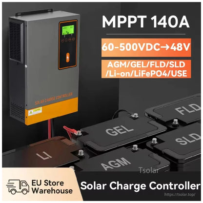 MPPT 140A application graphic showing 60–500VDC to 48V and battery types AGM, GEL, FLD, SLD, Li-ion, LiFePO4