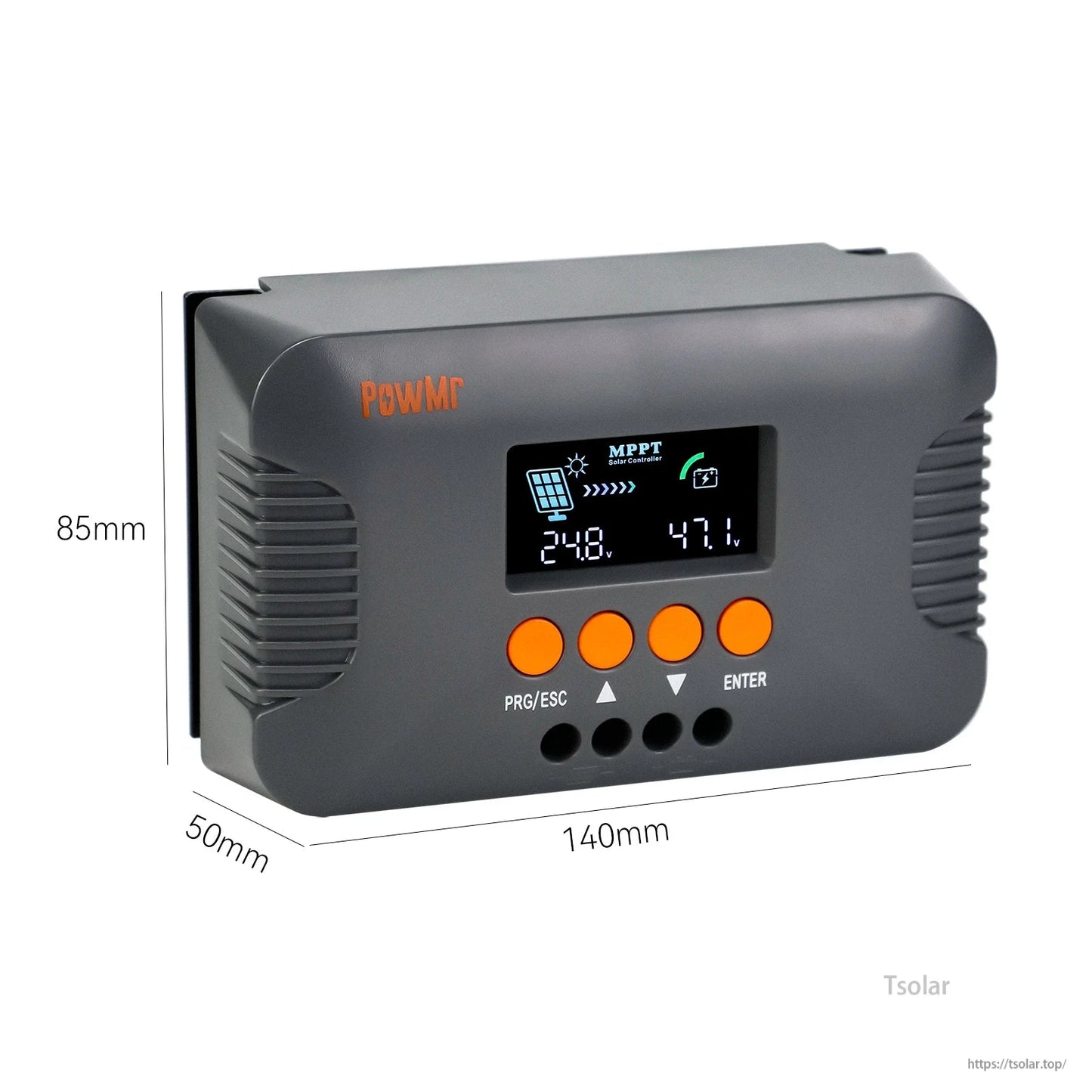 PowMr solar charge controller dimensions diagram showing 140 mm width, 85 mm height and 50 mm depth