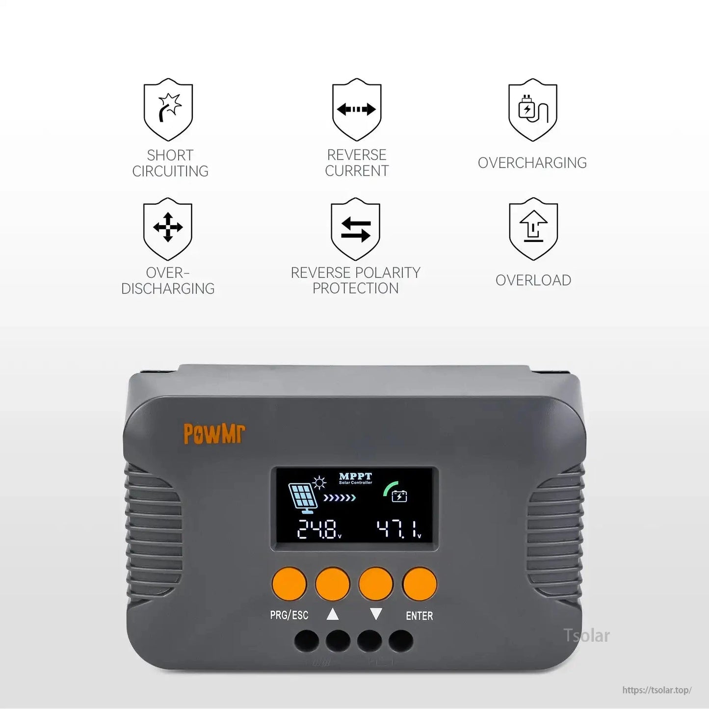Protection features icons: short circuit, reverse current, overcharge, over-discharge, reverse polarity, overload