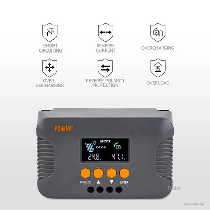 Protection features icons: short circuit, reverse current, overcharge, over-discharge, reverse polarity, overload
