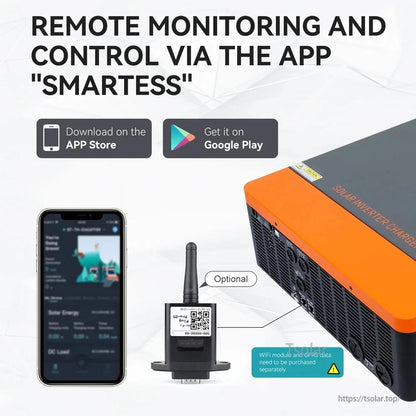 SmartESS app remote monitoring graphic with phone screen and optional WiFi module for the inverter
