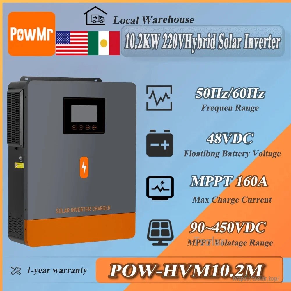PowMr POW-HVM10.2M 10.2kW hybrid solar inverter specs graphic: 48VDC, MPPT 160A, 90–450VDC range
