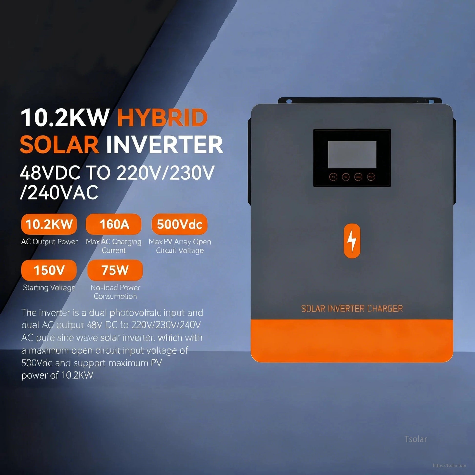 10.2kW hybrid solar inverter feature graphic showing 48VDC battery input and 220/230V output range