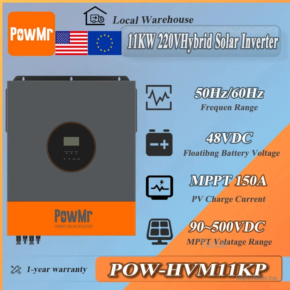 PowMr POW-HVM11KP feature graphic showing 11kW 220V hybrid inverter, 48VDC, MPPT 150A, 90–500VDC