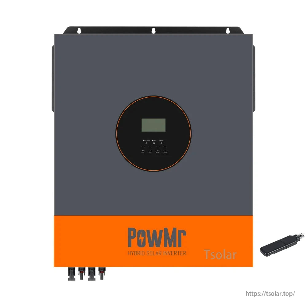 Front view of PowMr hybrid solar inverter with small external communication dongle accessory shown