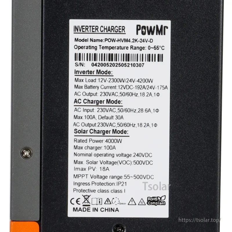 PowMr inverter charger specification label close-up showing model POW-HVM4.2K-24V-D and ratings