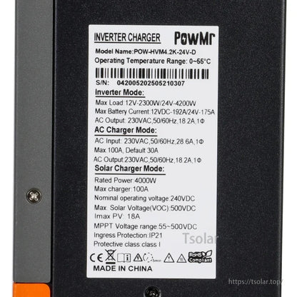 PowMr inverter charger specification label close-up showing model POW-HVM4.2K-24V-D and ratings