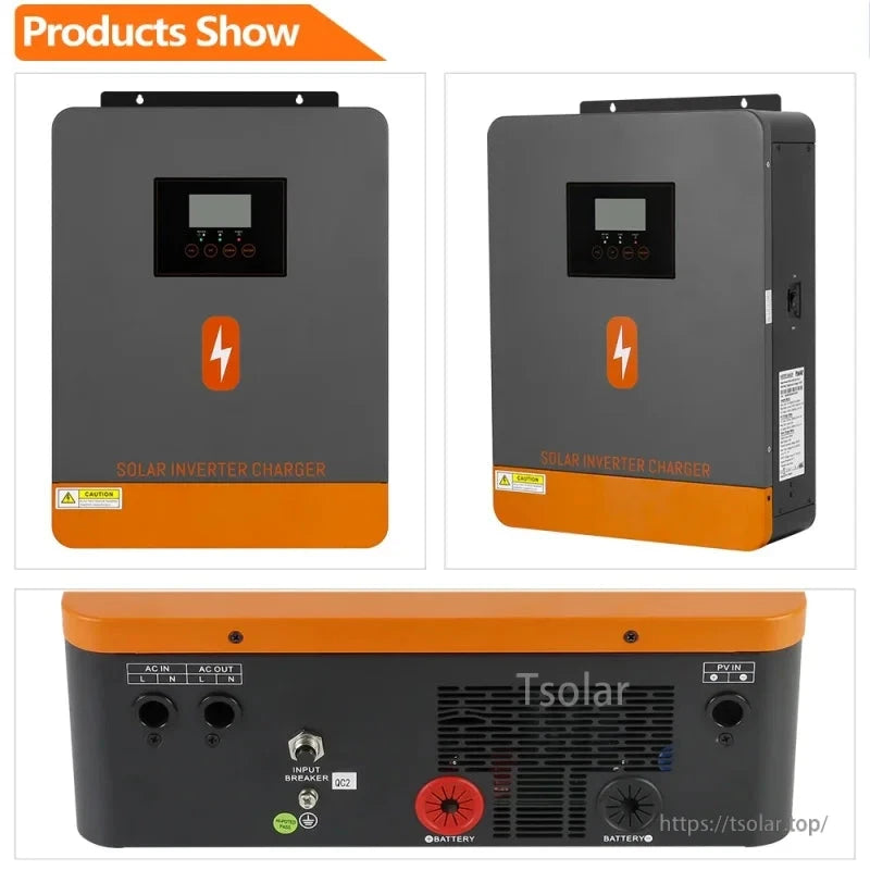 Product show collage: front view, angled side view, and bottom panel with AC/PV/battery ports