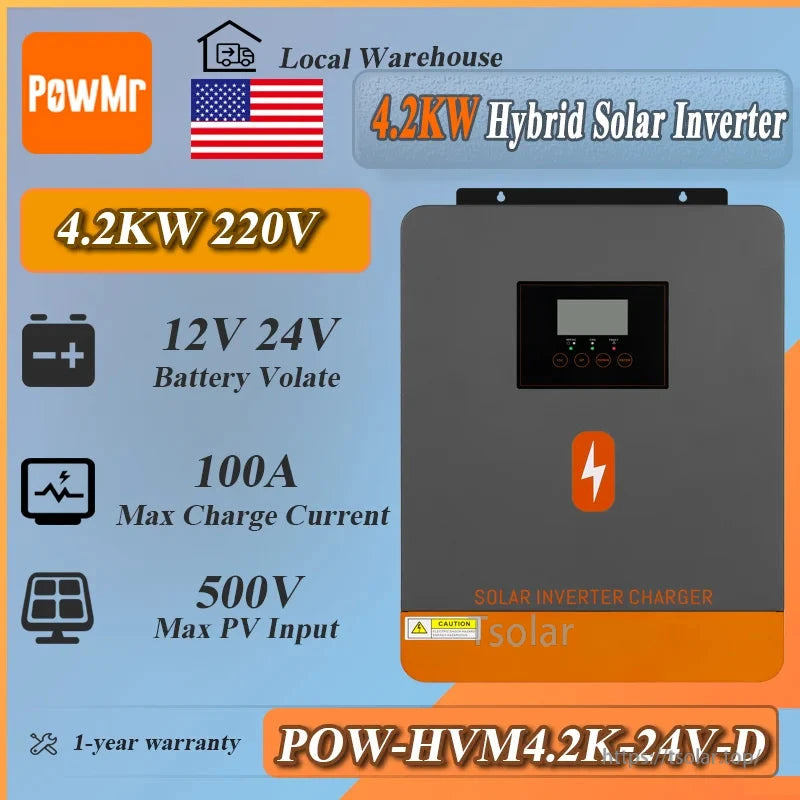 PowMr POW-HVM4.2K-24V-D 4.2kW hybrid solar inverter graphic with key features overview